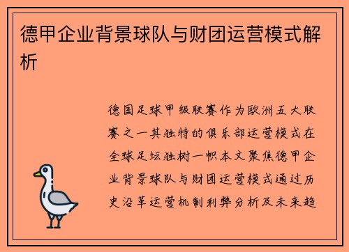 德甲企业背景球队与财团运营模式解析